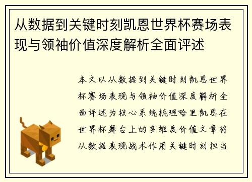 从数据到关键时刻凯恩世界杯赛场表现与领袖价值深度解析全面评述